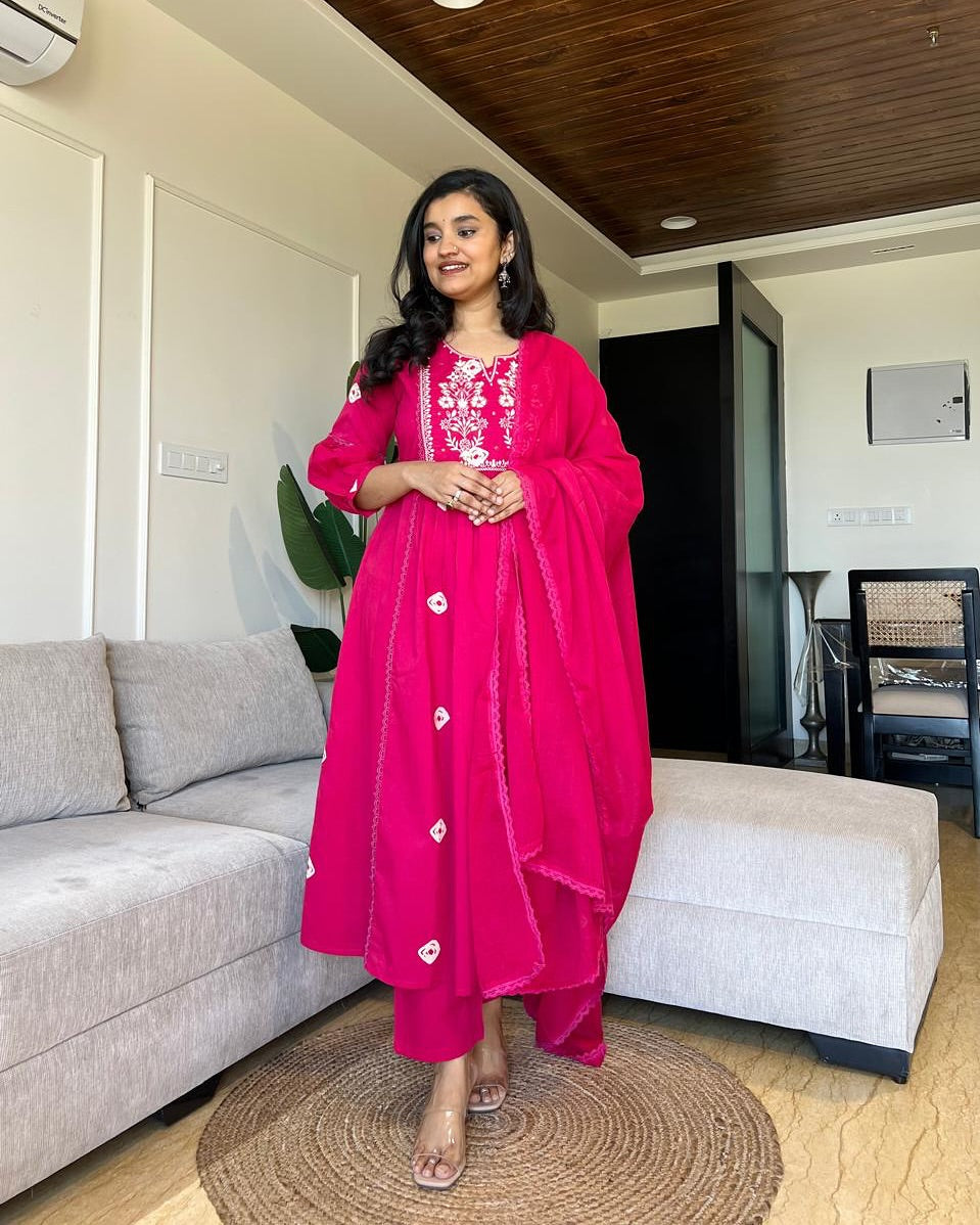 Premium Cotton Flared Kurta Set with Embroidered Threadwork & Dupatta