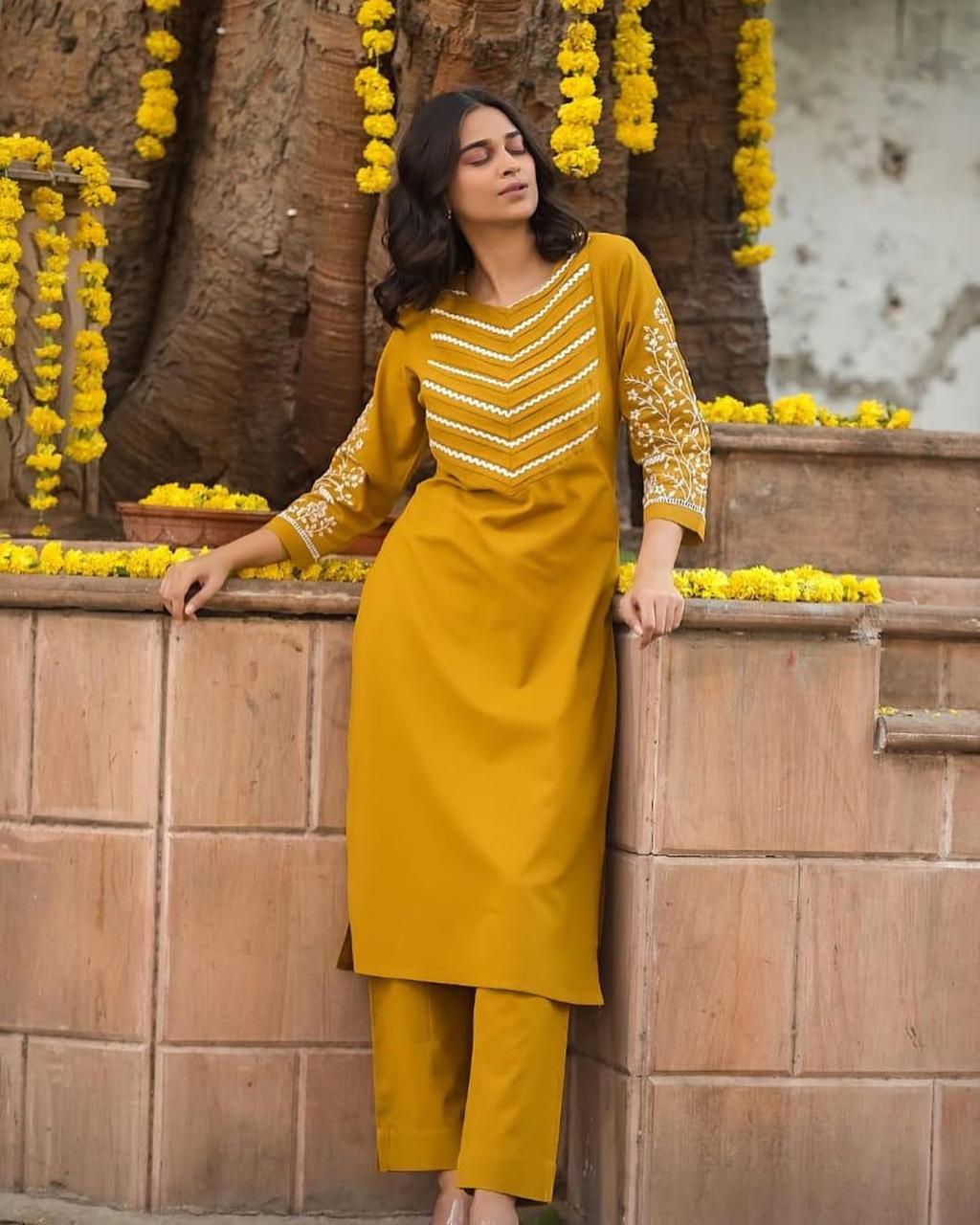 Embroidered Cotton Kurti Pant Set for Women