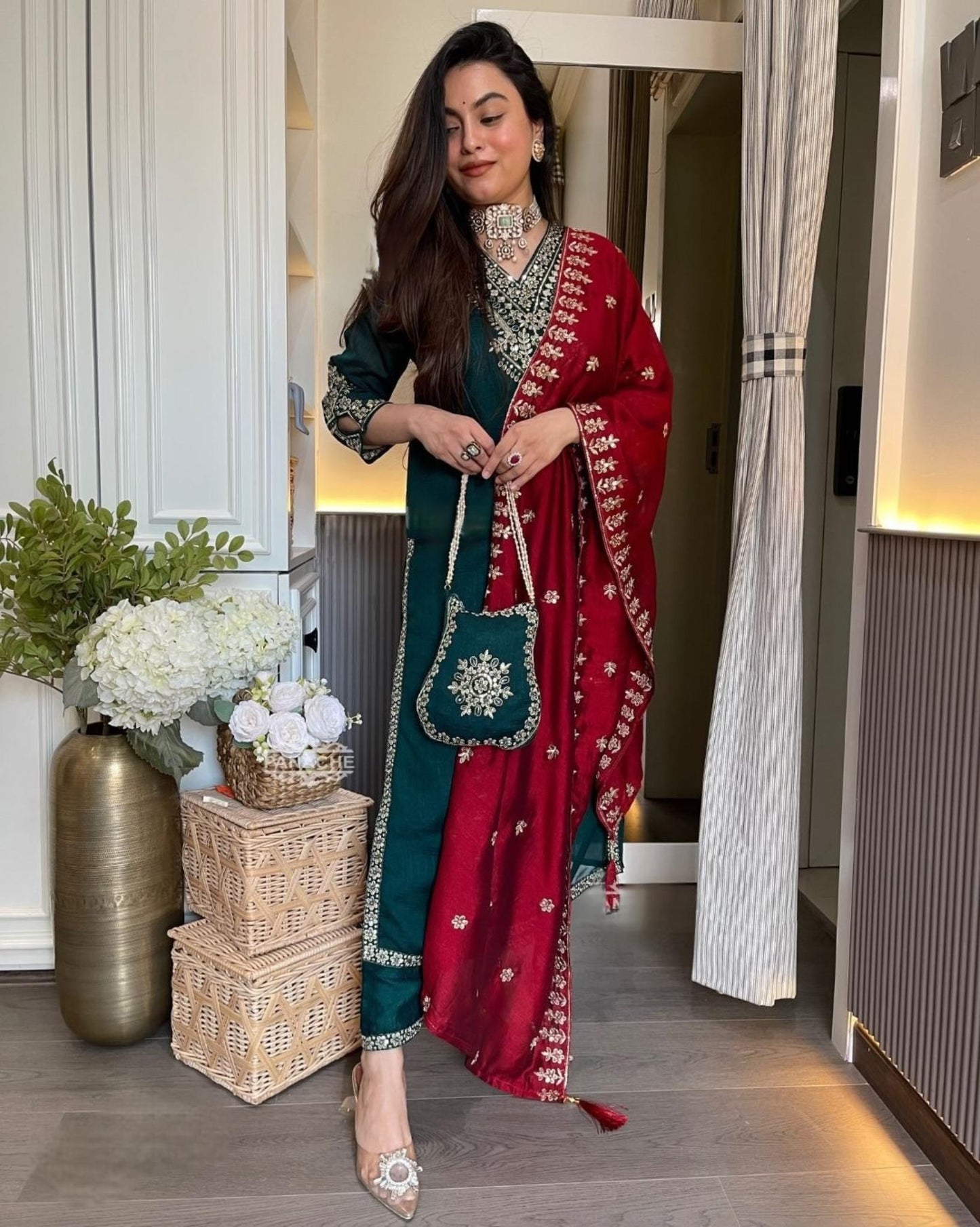 Vichitra Silk Kurti Pant Dupatta Set with Embroidery