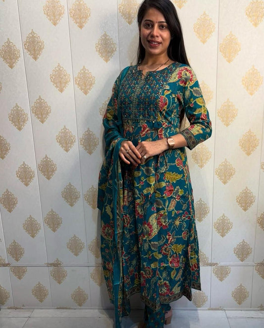 Elegant Cotton Anarkali Kurta Set with Embroidered Work – Blue