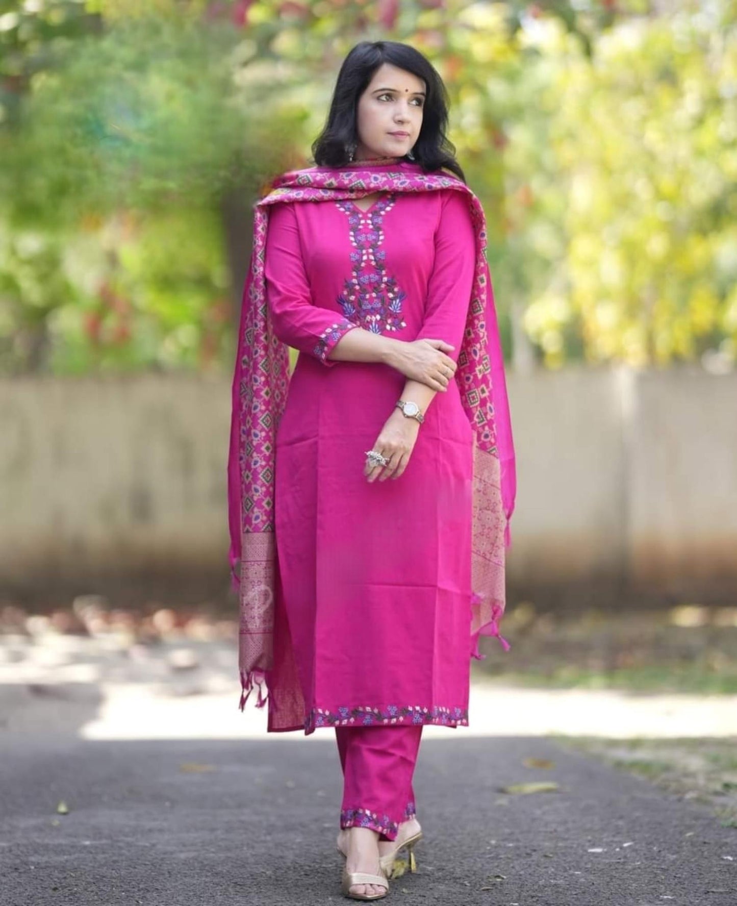 Elegant Handloom Cotton Embroidered Suit Set with Banarasi Khadi Silk Dupatta