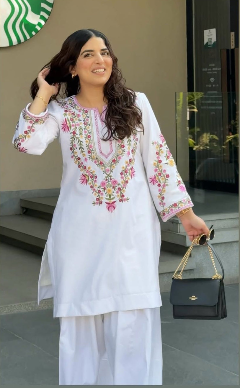 Designer Pure Natural Crepe Silk Kurti Set with Farshi Pant & Dupatta