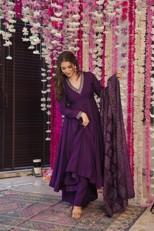 Viscose Chanderi Embroidered Suit Set – Purple