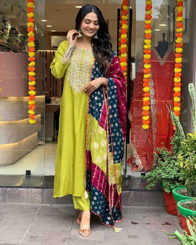 Viscose Chanderi Embroidered Suit Set with Jacquard Dupatta