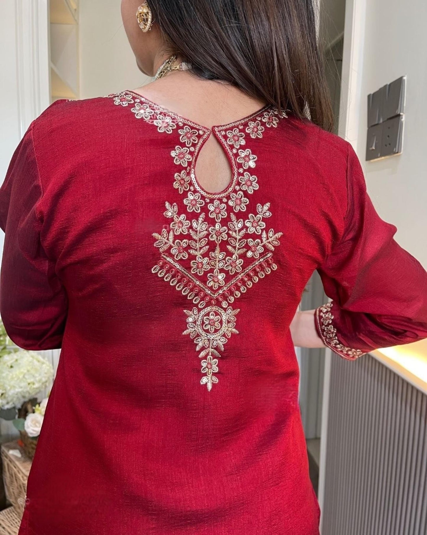 Vichitra Silk Kurti Pant Dupatta Set with Embroidery