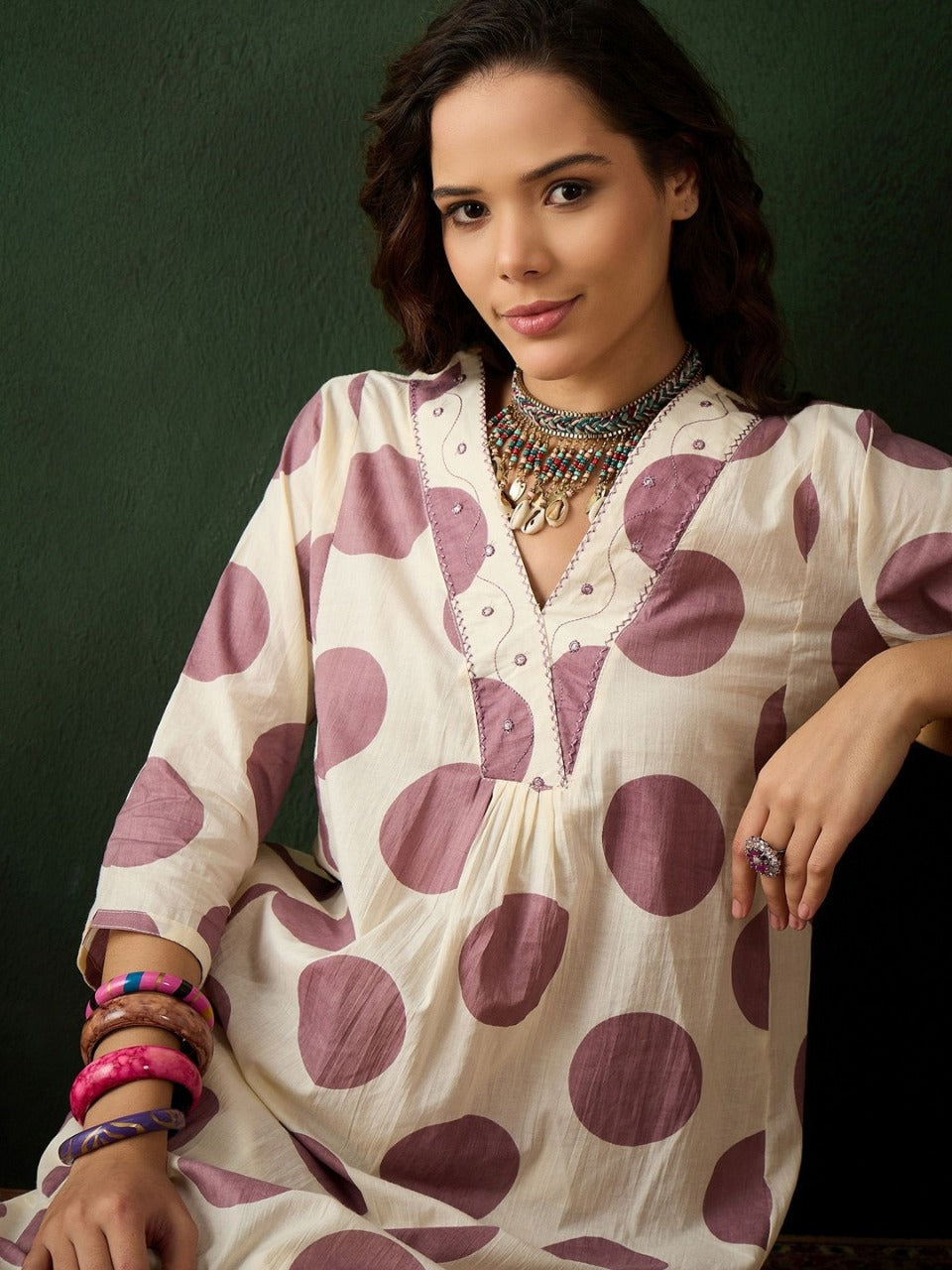 Polka Dot Cotton Kurta Pant Set with Embroidery