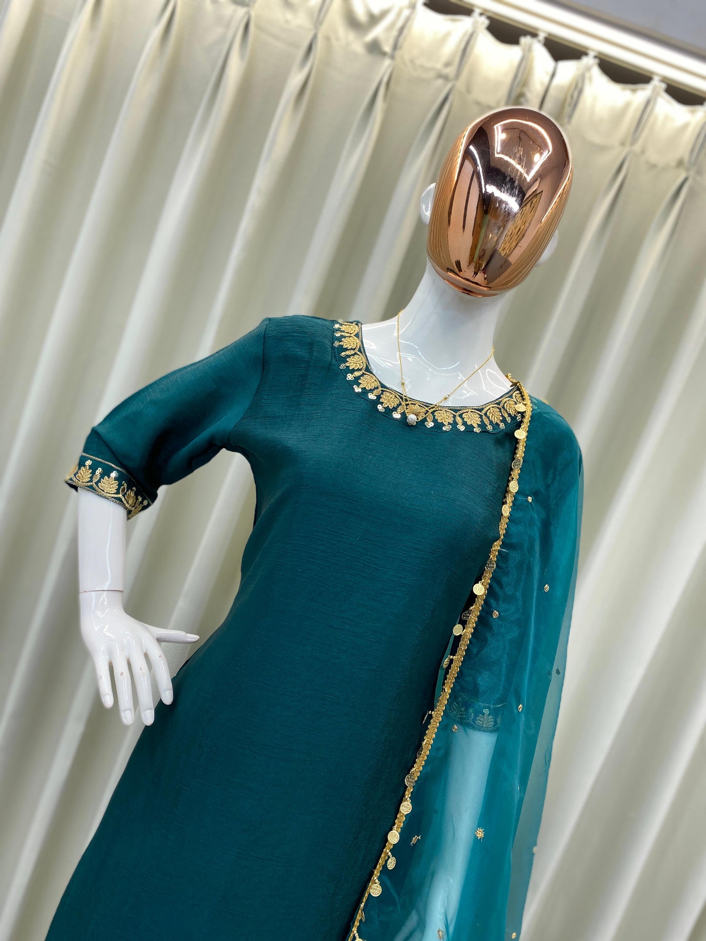 Designer Farsi Suit Set with Sequence Embroidery & Organza Dupatta