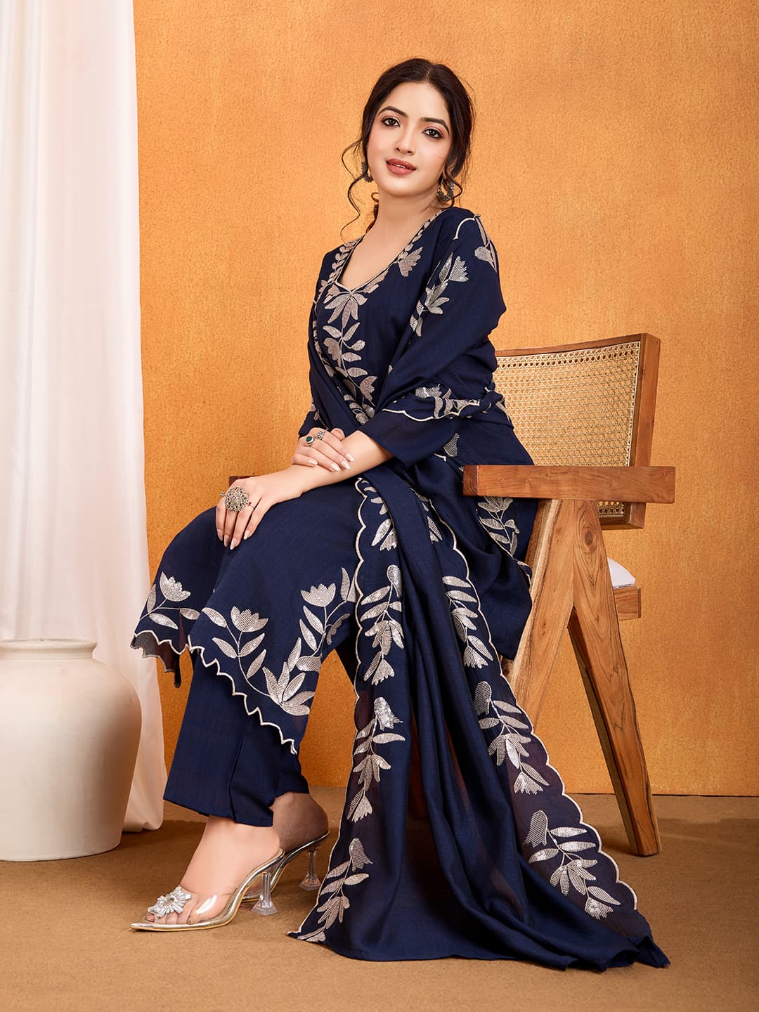 Vichitra Silk Embroidered Suit Set for Women – Kurta, Pant & Dupatta