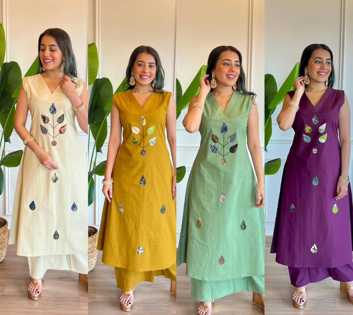 Pure Cotton Slub Kurti Plazo Set with Handwork