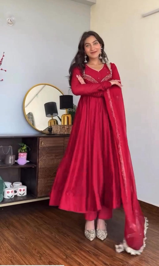 Designer Embroidered Gown Set with Dupatta & Pant – Party Wear