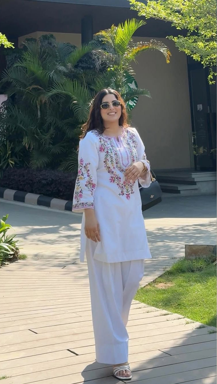 Designer Pure Natural Crepe Silk Kurti Set with Farshi Pant & Dupatta