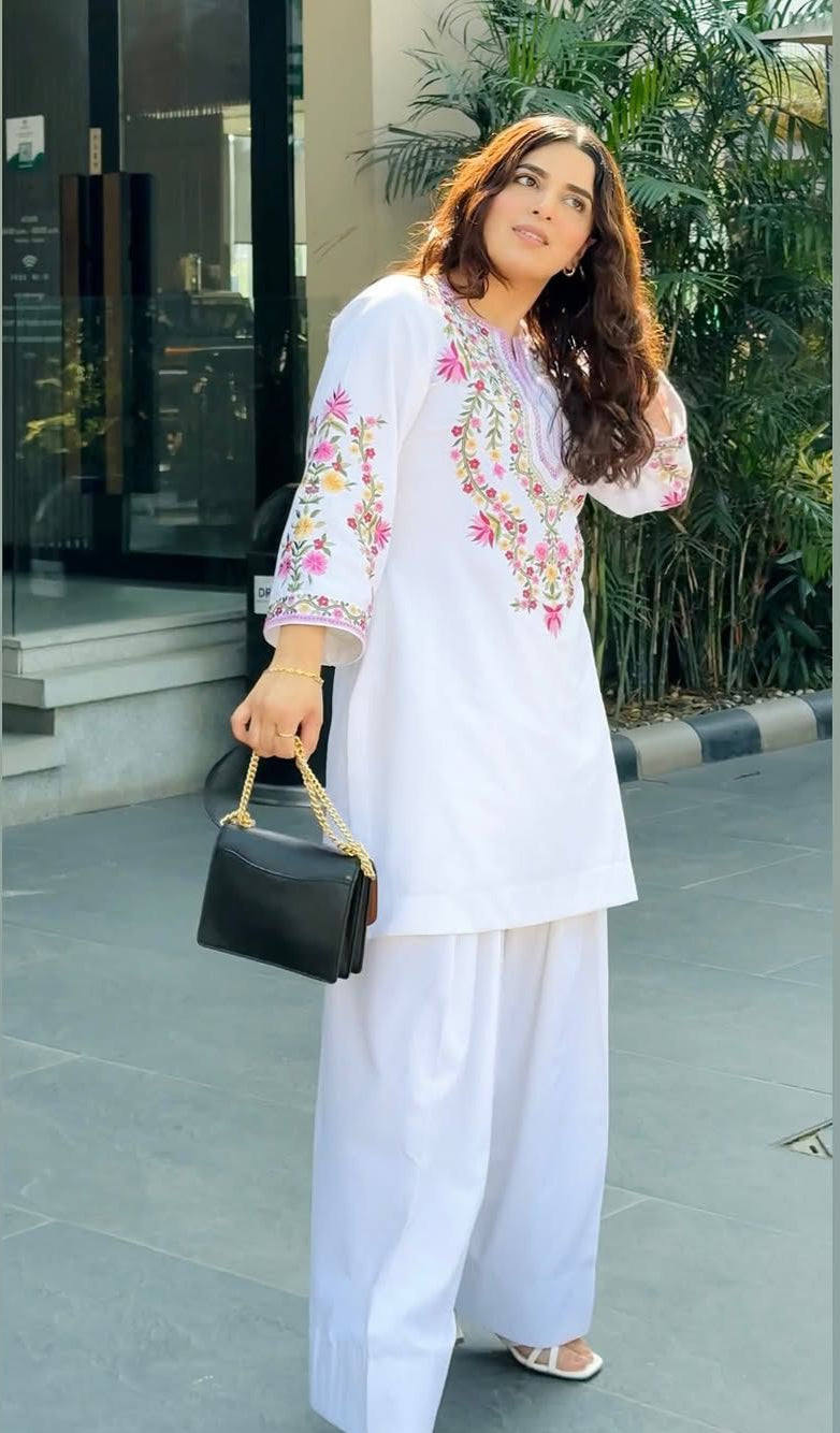 Designer Pure Natural Crepe Silk Kurti Set with Farshi Pant & Dupatta