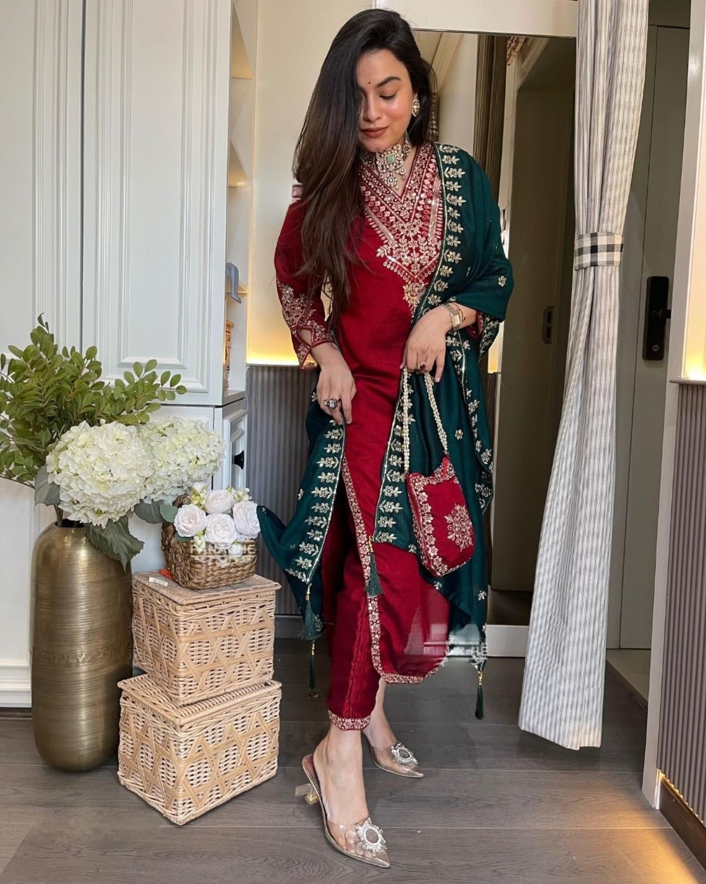 Vichitra Silk Kurti Pant Dupatta Set with Embroidery