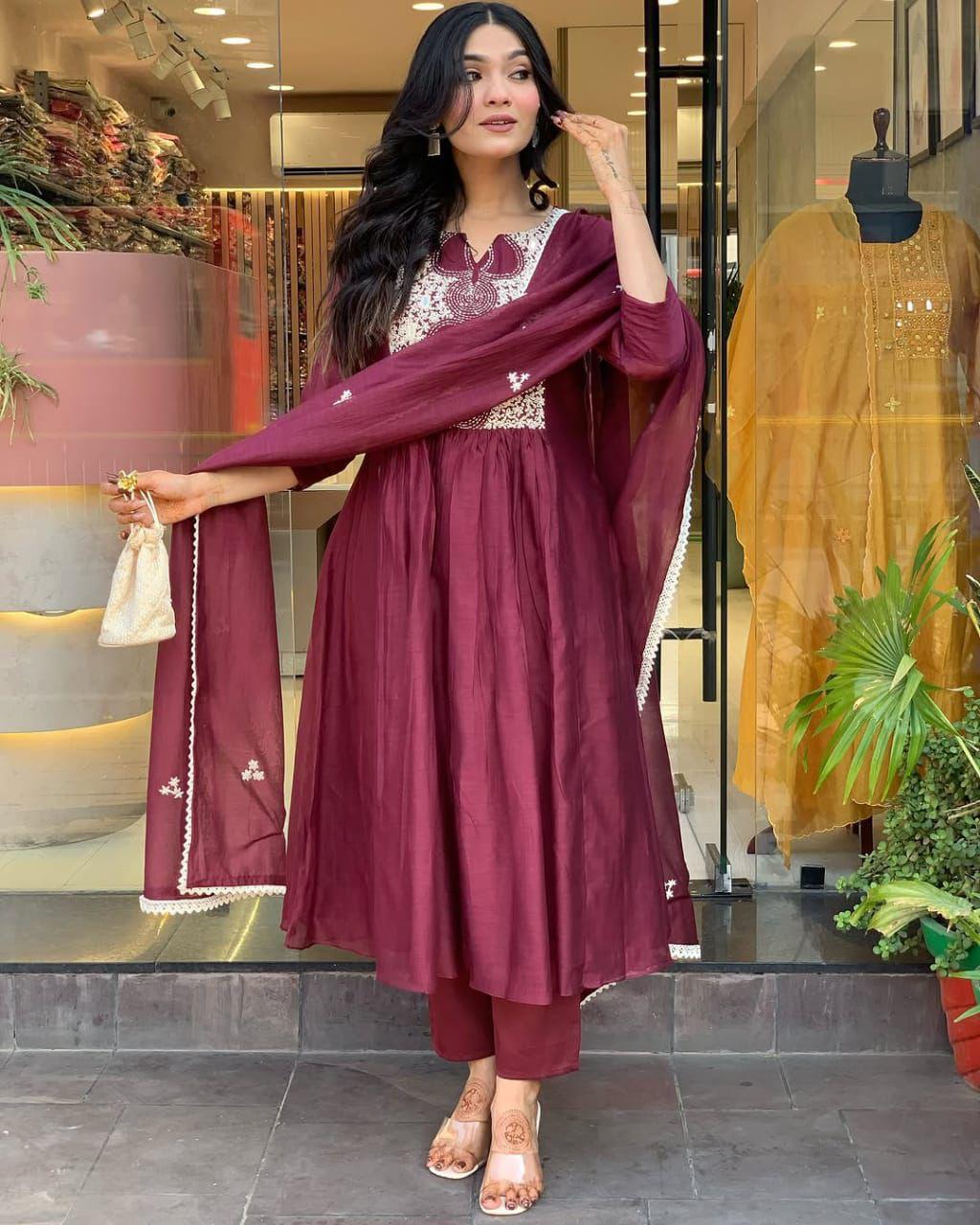 Elegant Maroon Cotton Anarkali Kurta Set with Embroidered Yoke
