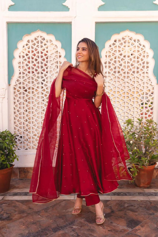 Embroidered Georgette Anarkali Gown with Dupatta – Maroon