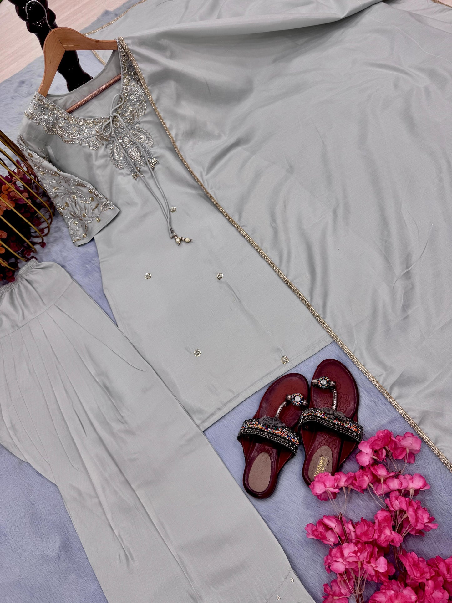 Designer Gray Crepe Farshi Palazzo Set with Dupatta
