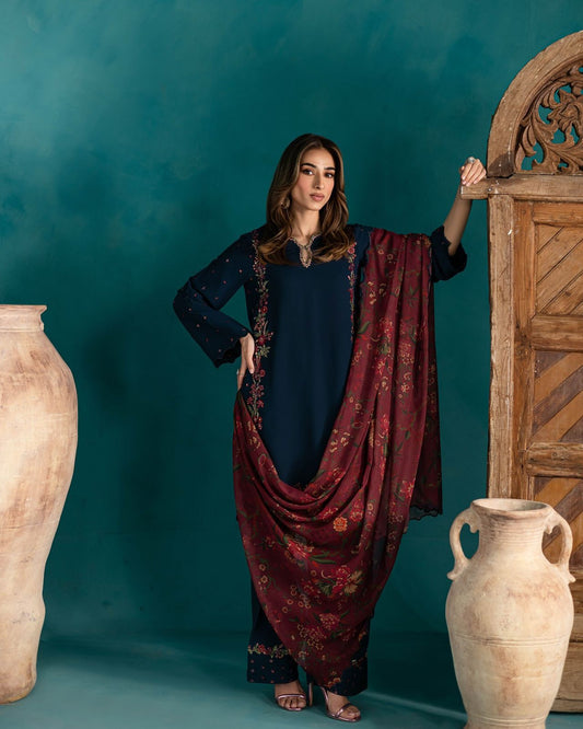 Designer Navy Blue Farsi Suit with Embroidery and Dupatta
