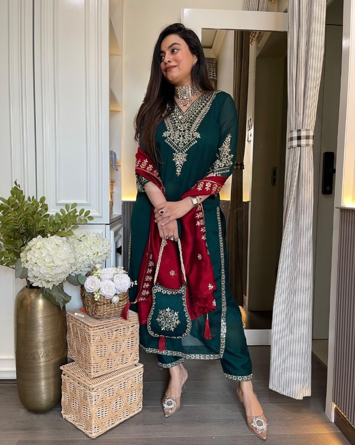Vichitra Silk Kurti Pant Dupatta Set with Embroidery