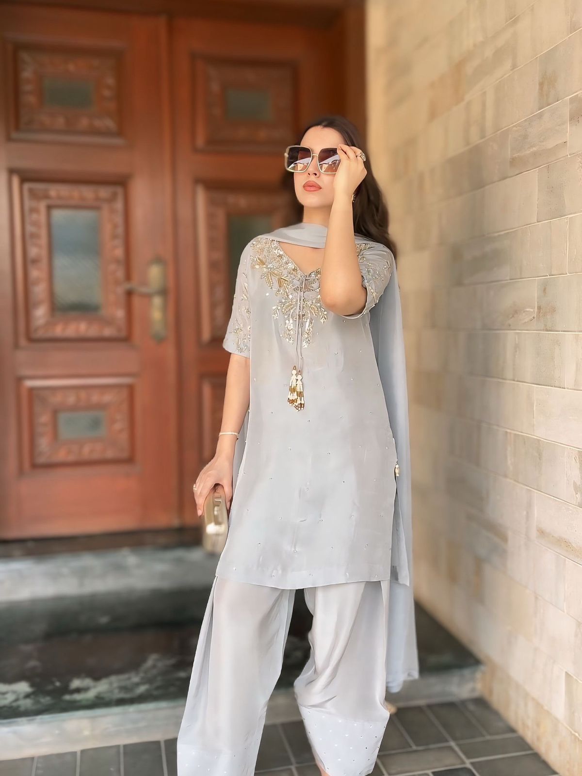 Designer Gray Crepe Farshi Palazzo Set with Dupatta