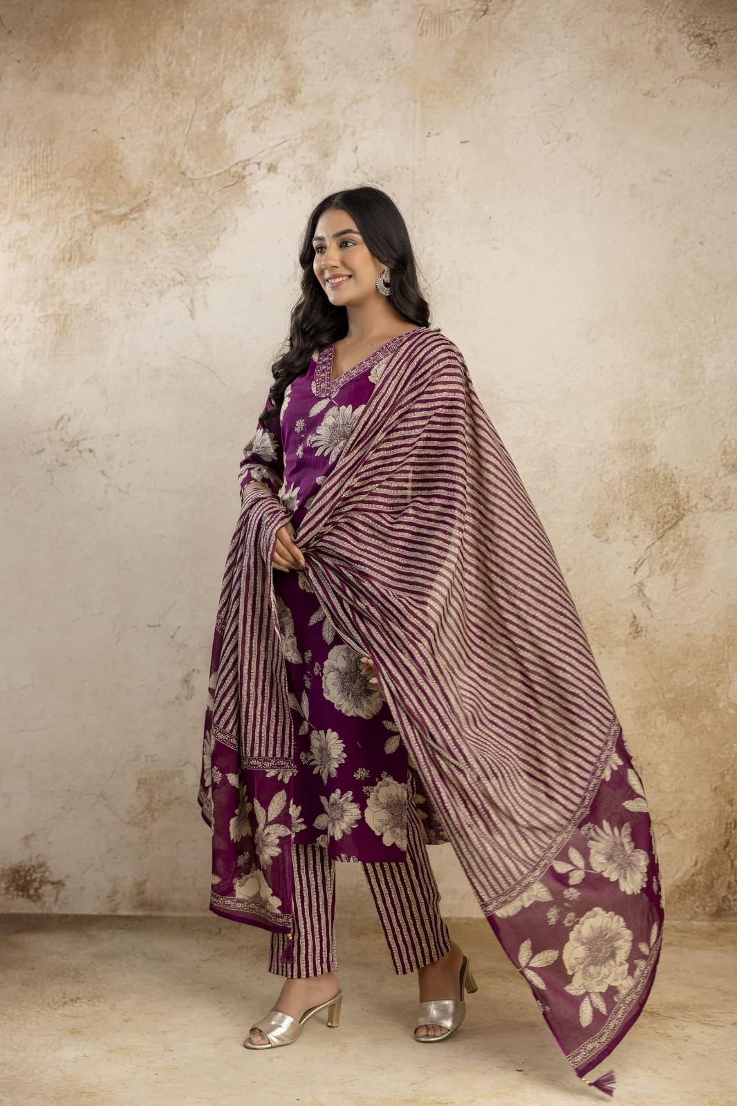 Floral Cotton Embroidered Kurta Set with Pant & Dupatta