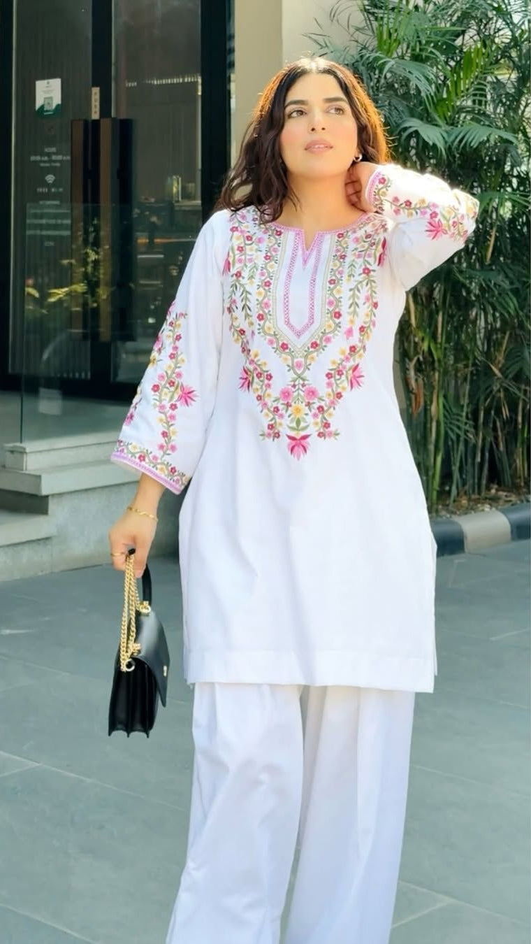 Designer Pure Natural Crepe Silk Kurti Set with Farshi Pant & Dupatta