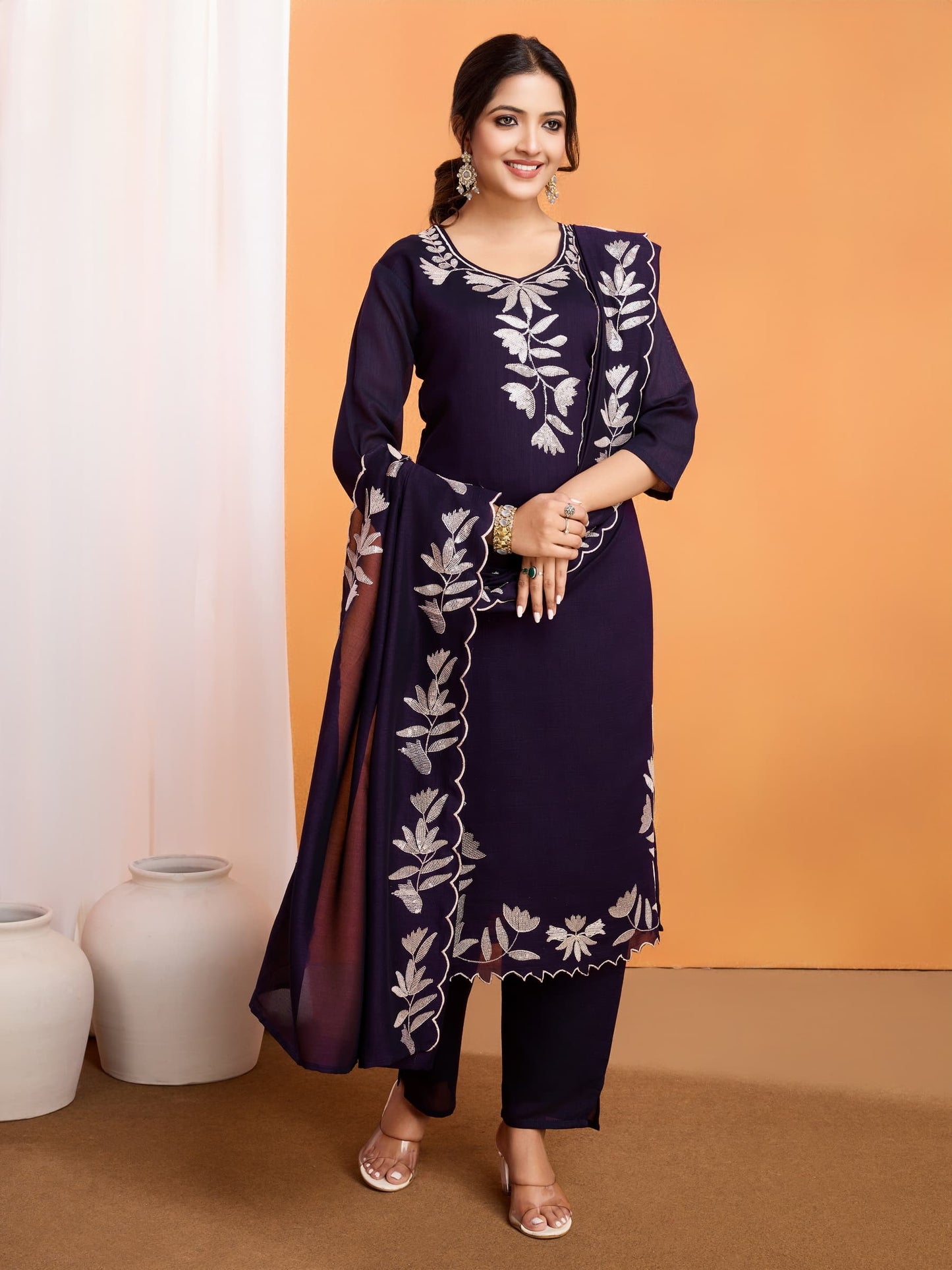 Vichitra Silk Embroidered Suit Set for Women – Kurta, Pant & Dupatta