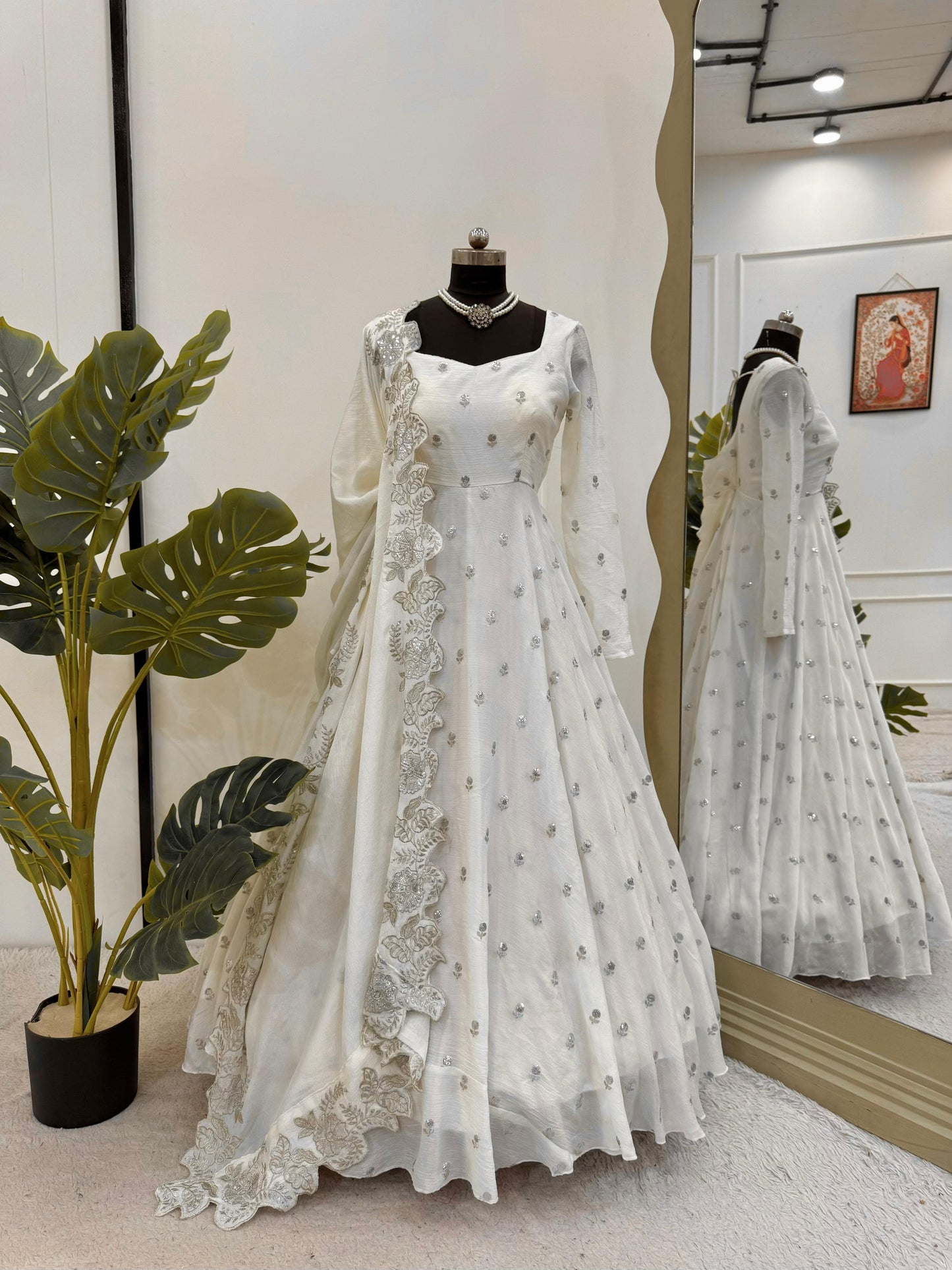 Designer Chinon Anarkali Suit Set with Dupatta – Off White