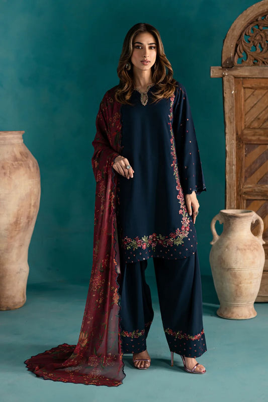 Designer Navy Blue Farsi Suit with Embroidery and Dupatta