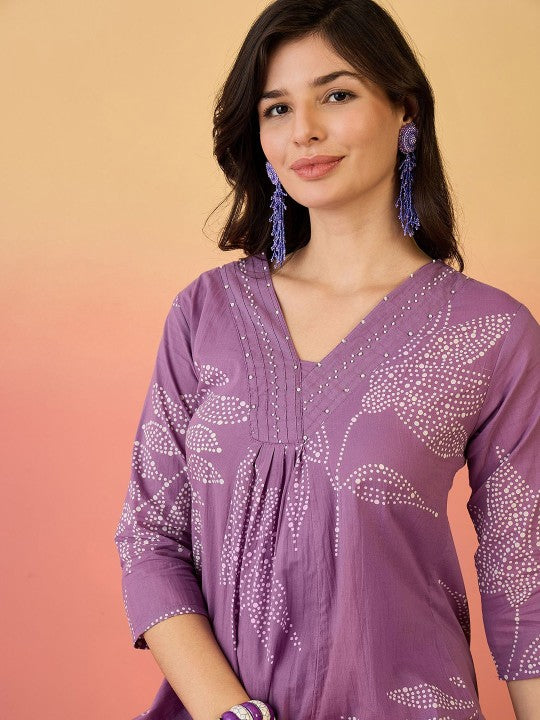 Pure Cotton Kurta Set with Moti Handwork & Discharge Print