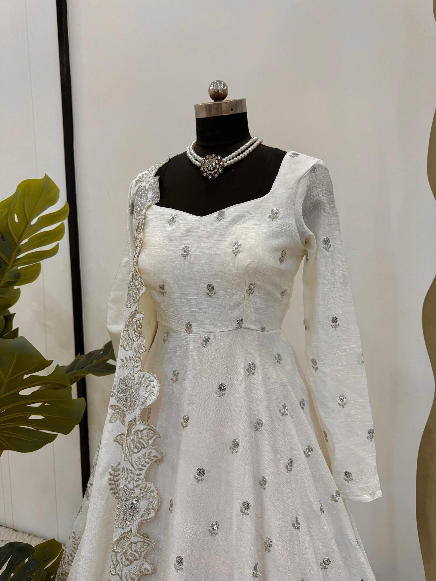 Designer Chinon Anarkali Suit Set with Dupatta – Off White