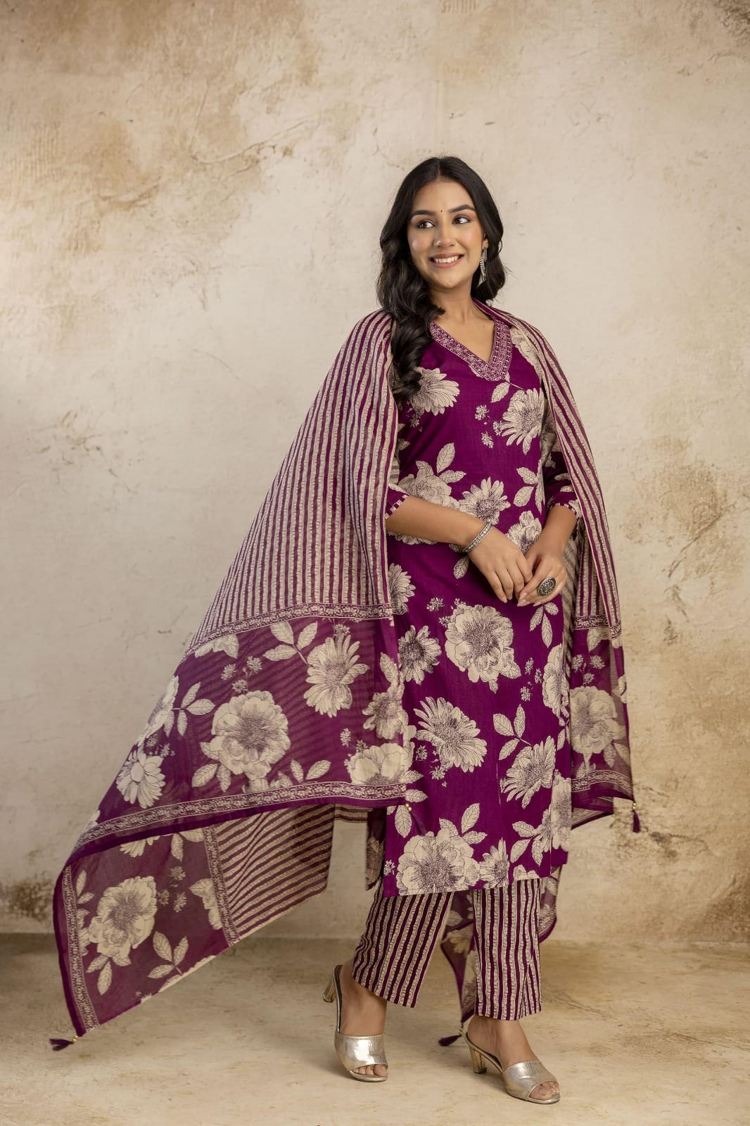 Floral Cotton Embroidered Kurta Set with Pant & Dupatta