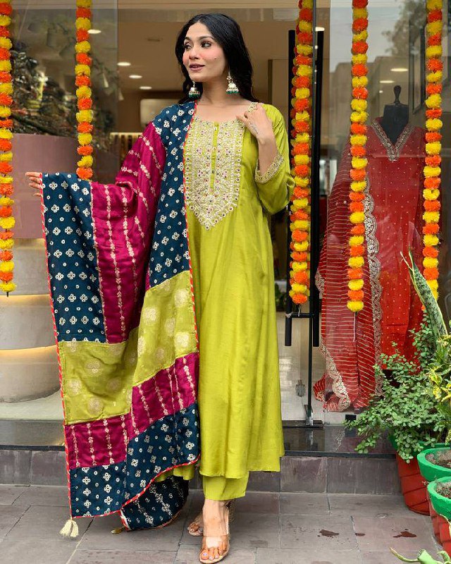 Viscose Chanderi Embroidered Suit Set with Jacquard Dupatta