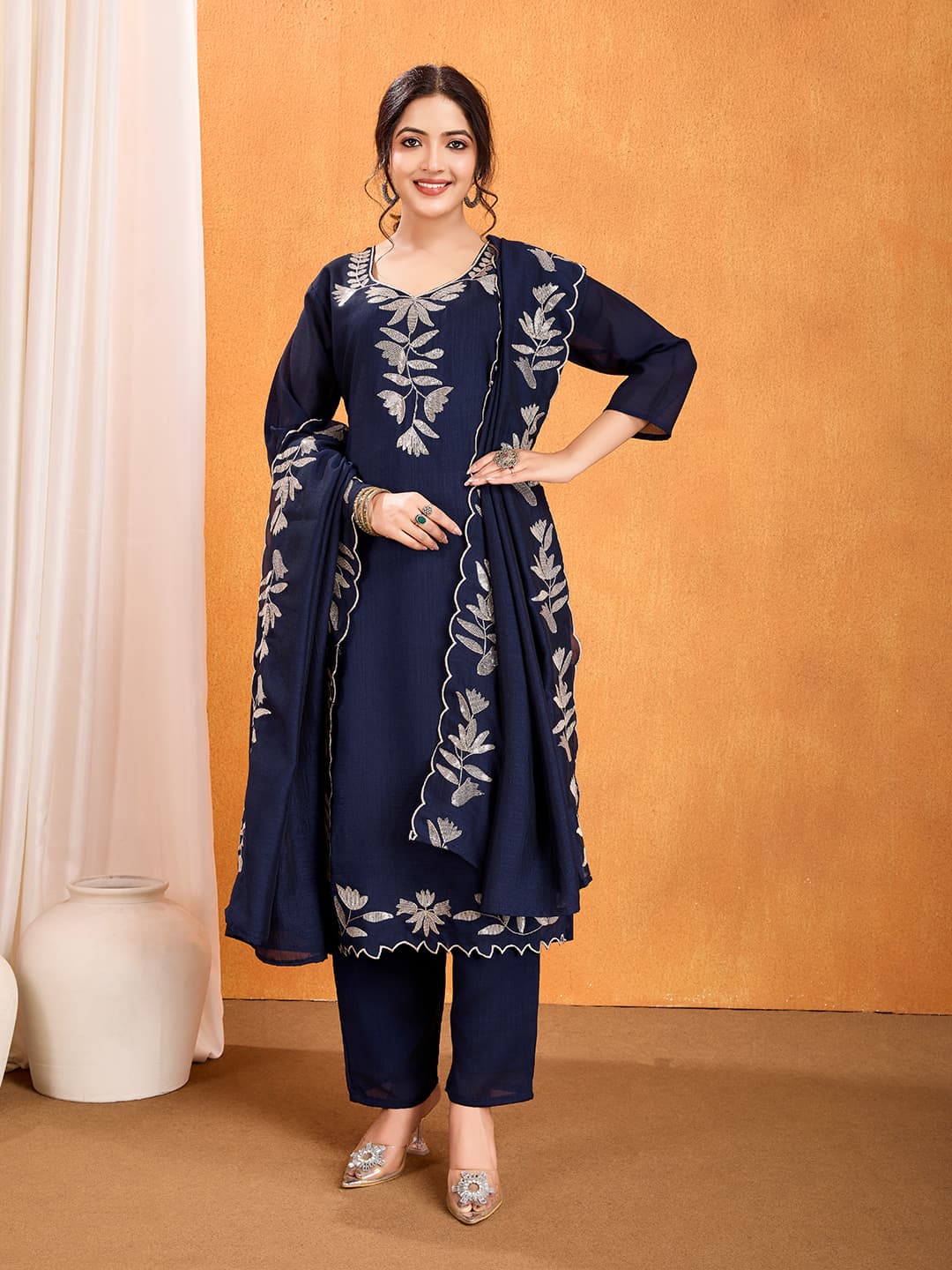 Vichitra Silk Embroidered Suit Set for Women – Kurta, Pant & Dupatta