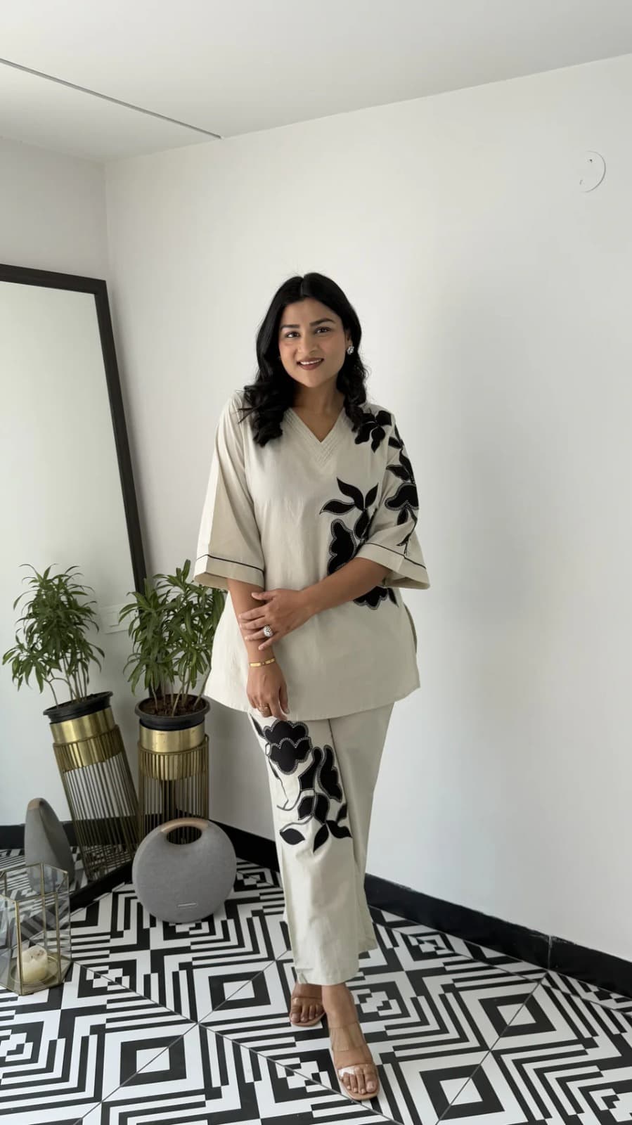 Off White-Embroidered Cotton Flex Co-ord Set