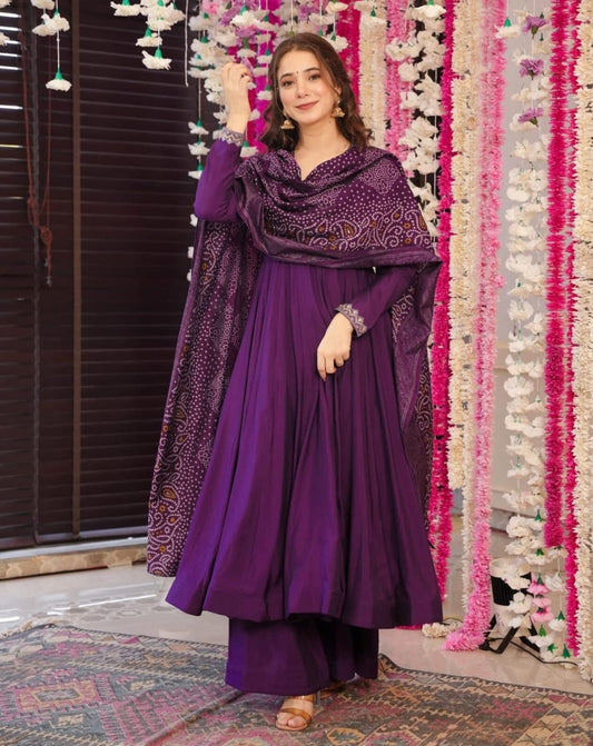 Viscose Chanderi Embroidered Suit Set – Purple