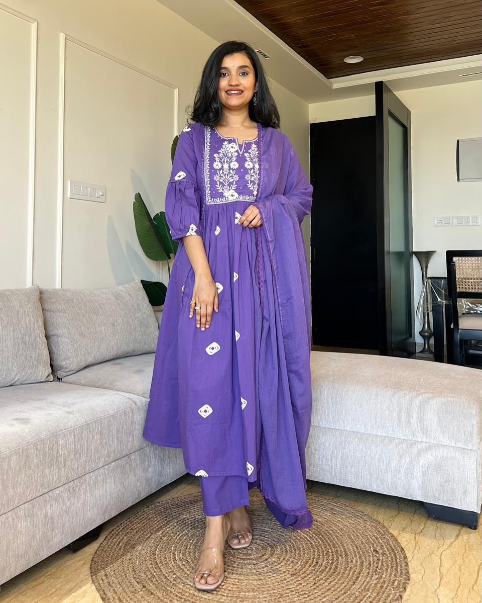 Premium Cotton Flared Kurta Set with Embroidered Threadwork & Dupatta