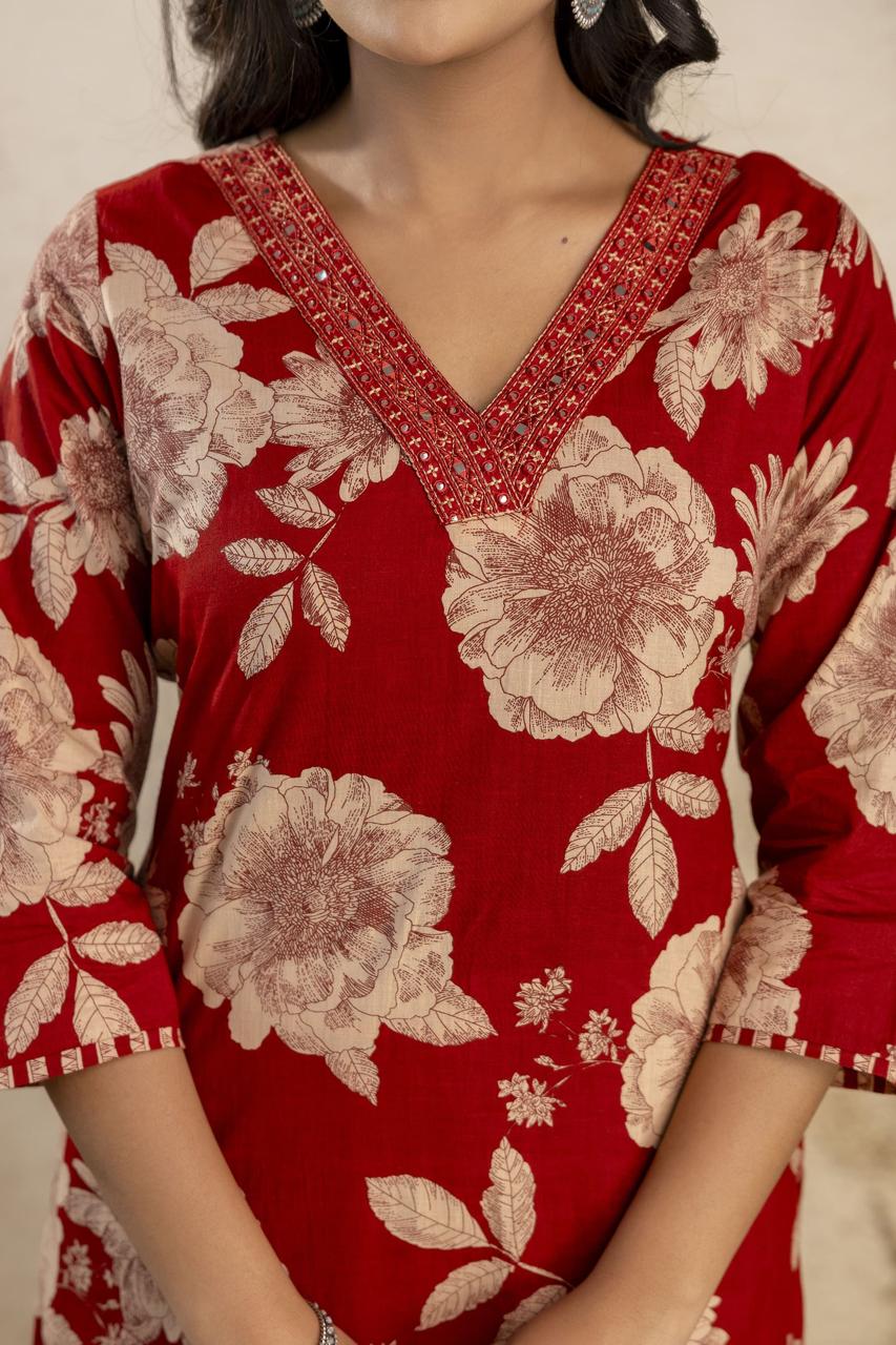 Floral Cotton Embroidered Kurta Set with Pant & Dupatta