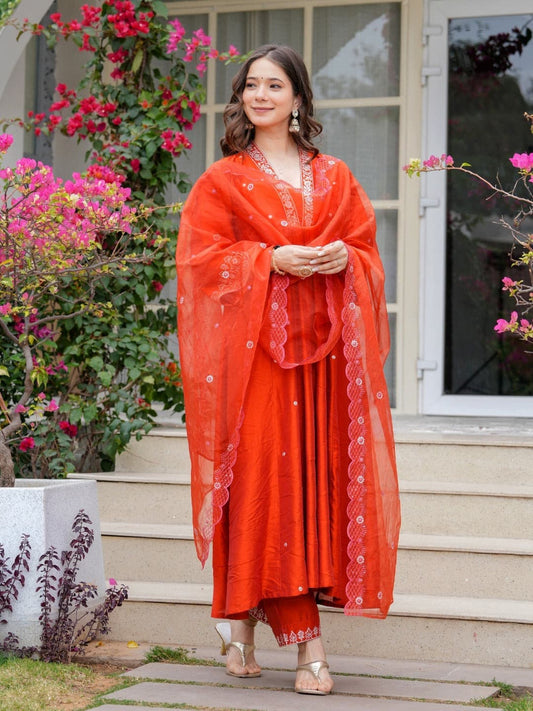 Women's PV Chanderi Embroidered Suit Set with Dupatta – Orange