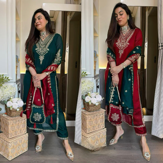 Vichitra Silk Kurti Pant Dupatta Set with Embroidery