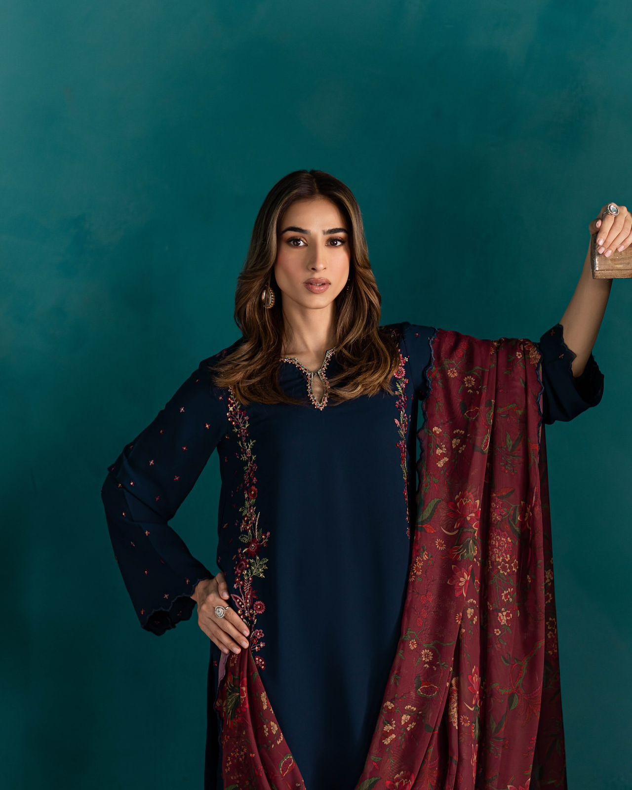 Designer Navy Blue Farsi Suit with Embroidery and Dupatta