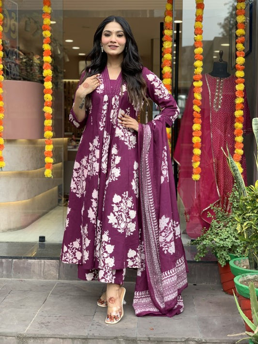 Elegant Cotton Anarkali Suit Set with Embroidery & Dupatta