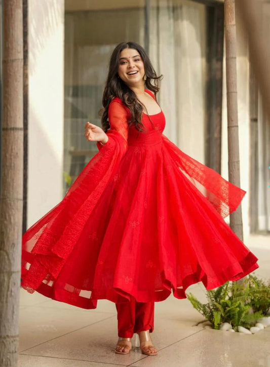 Designer Tabby Silk Gown Set with Embroidery Work & Dupatta