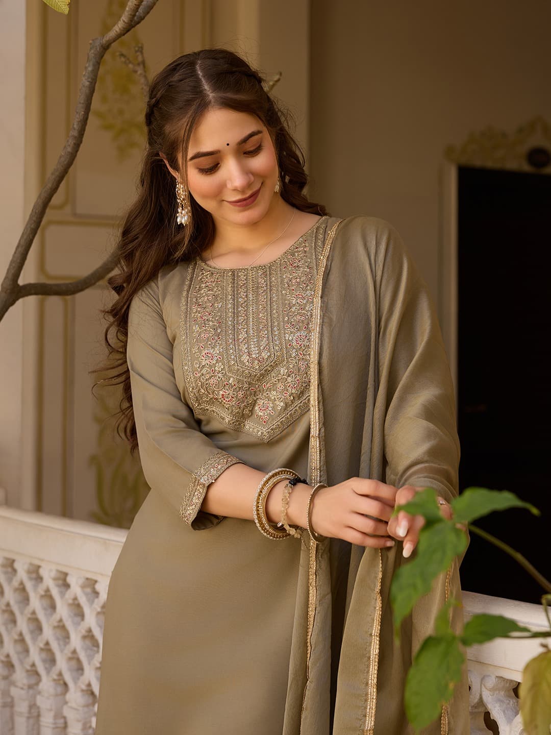 Rayon Slub Embroidered Kurti Set with Chinon Dupatta