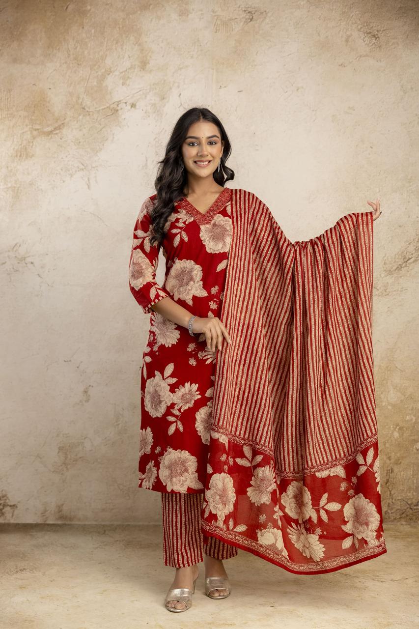 Floral Cotton Embroidered Kurta Set with Pant & Dupatta