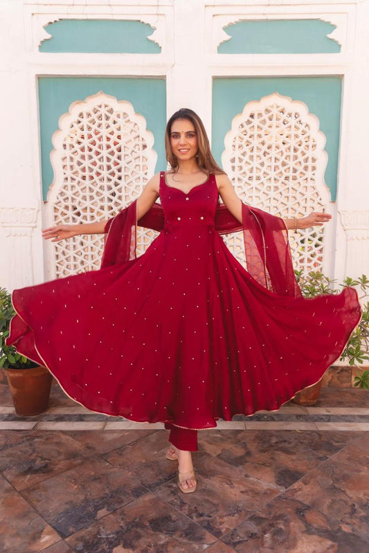 Embroidered Georgette Anarkali Gown with Dupatta – Maroon