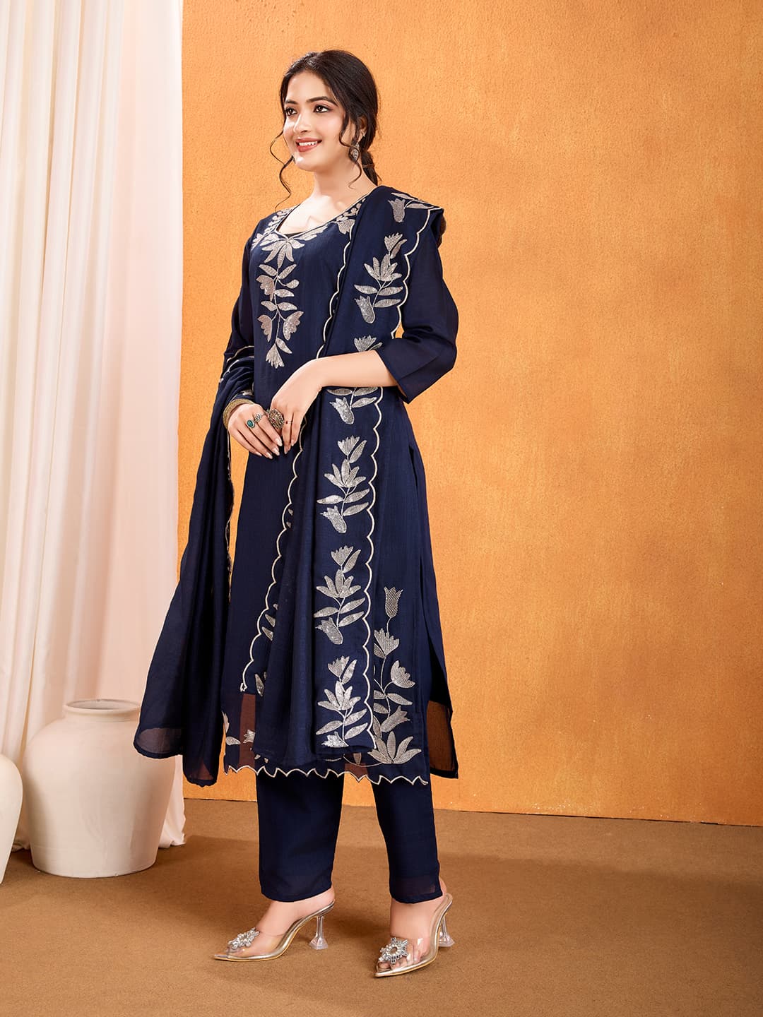 Vichitra Silk Embroidered Suit Set for Women – Kurta, Pant & Dupatta