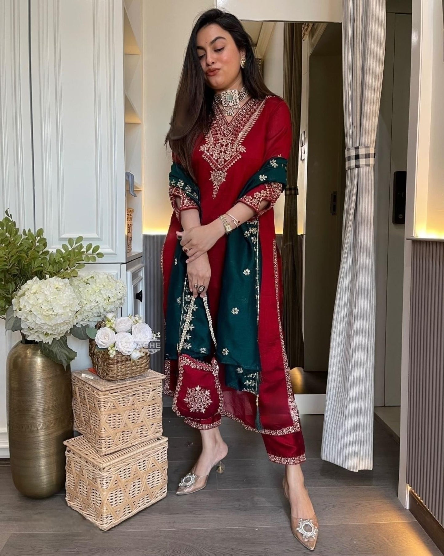 Vichitra Silk Kurti Pant Dupatta Set with Embroidery