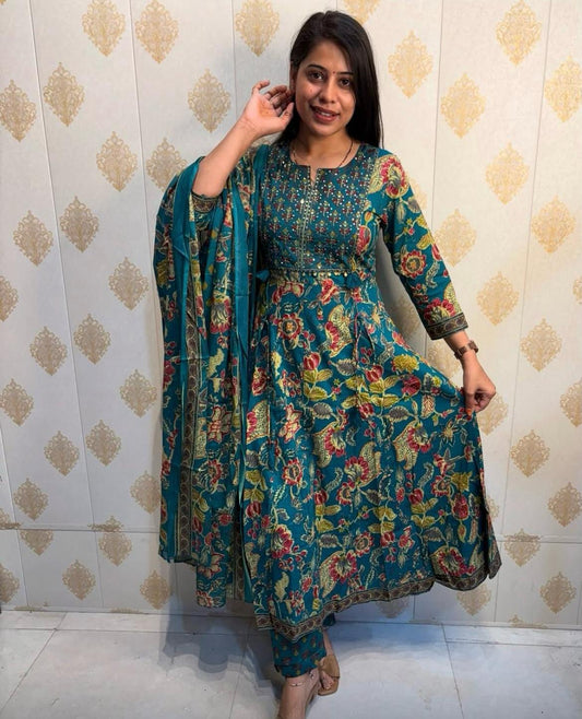 Elegant Cotton Anarkali Kurta Set with Embroidered Work – Blue