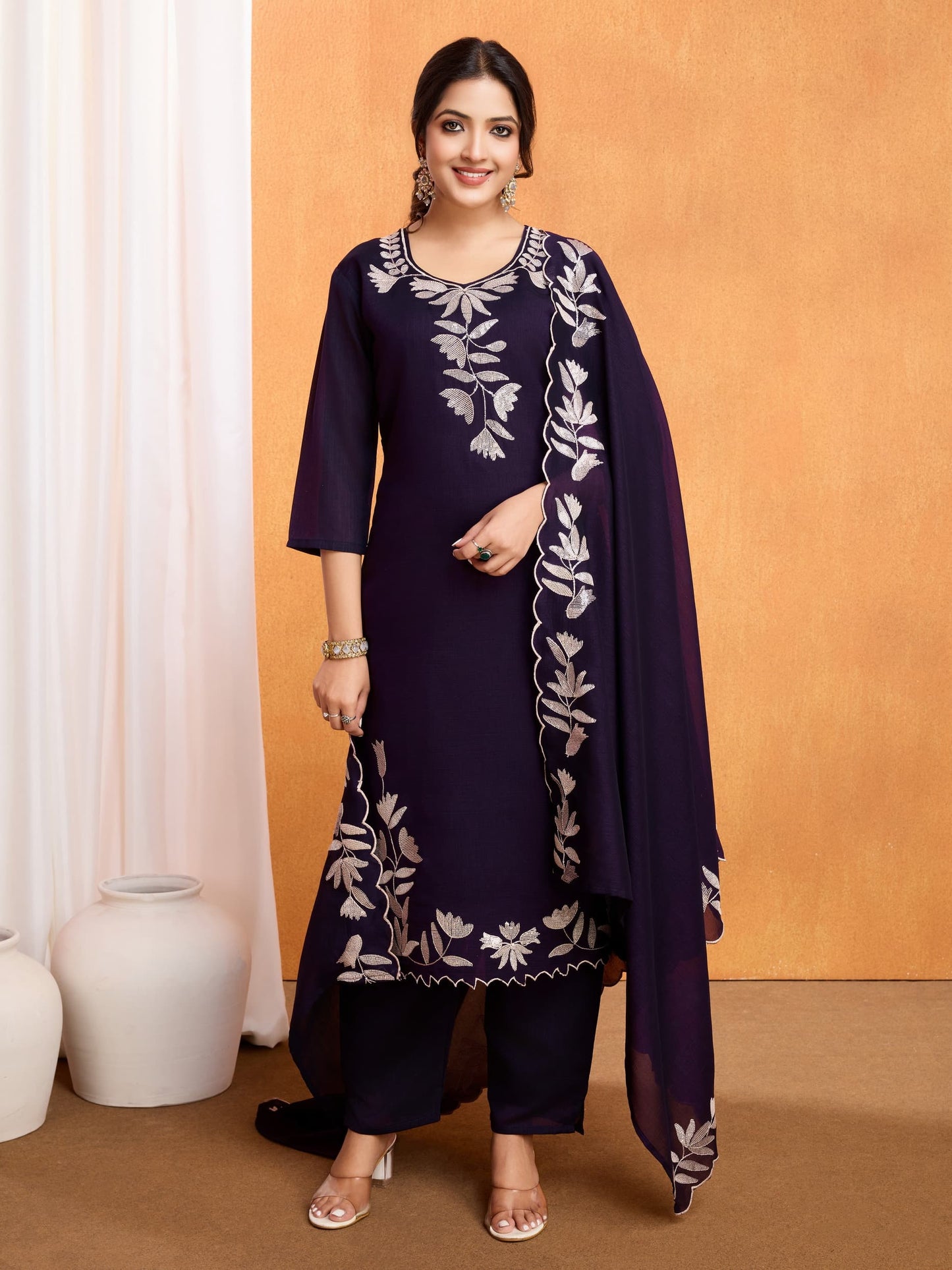 Vichitra Silk Embroidered Suit Set for Women – Kurta, Pant & Dupatta
