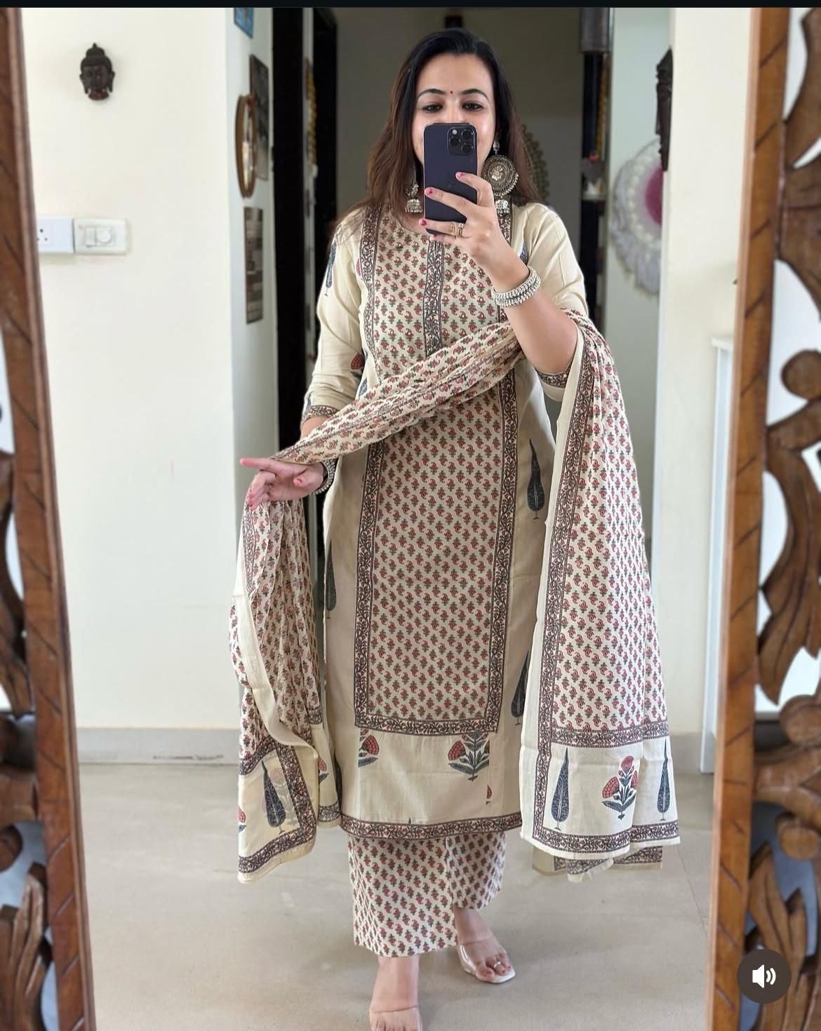 Elegant Cream Cotton Frock-Style Kurti Set